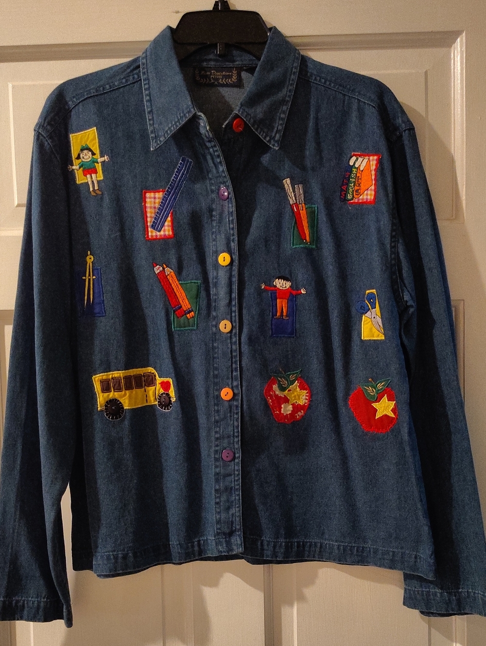 Women's Denim Jacket with Colorful School Embroidered Patches